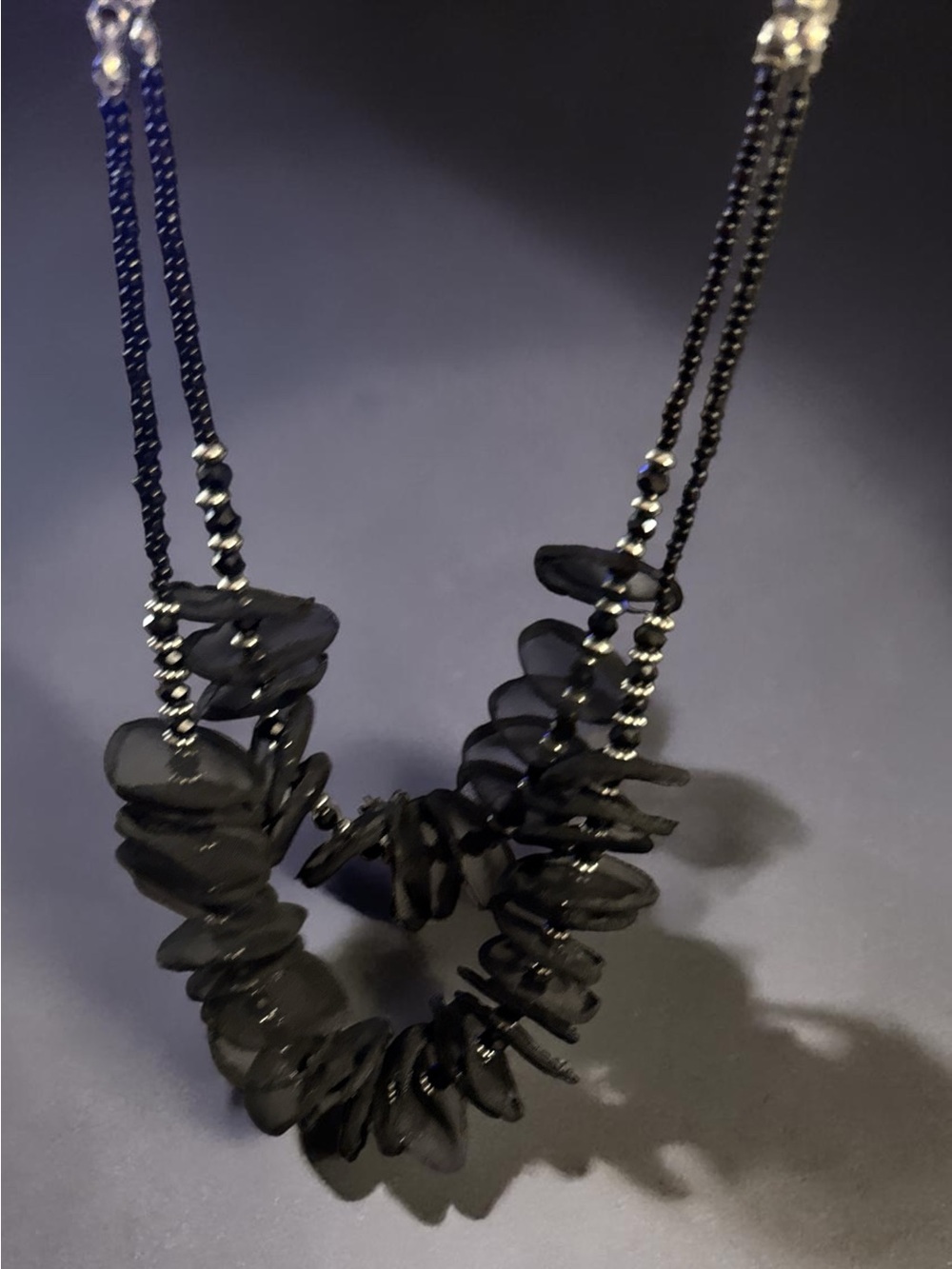Statement Black Floral/Organza Beaded Necklace With Sheer Fabric Discs